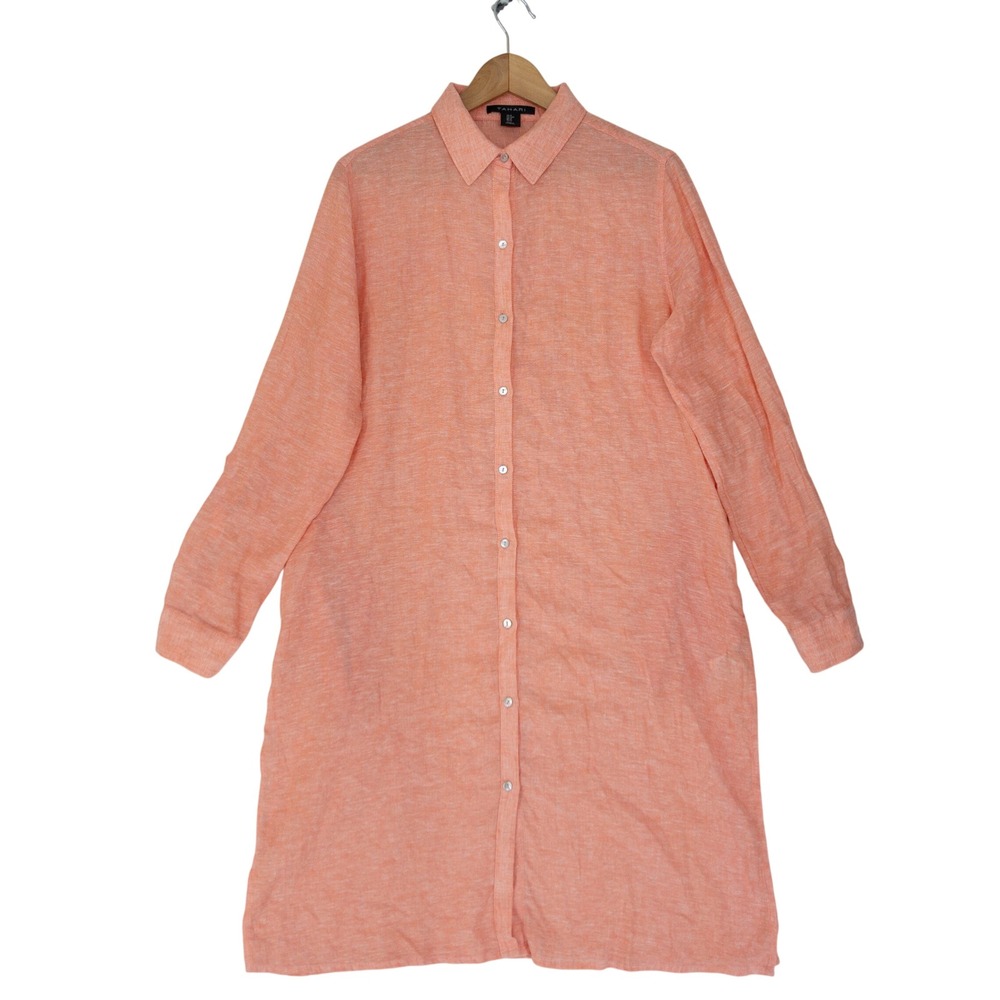 Tahari Shirt Dress Womens Medium Pink Linen Blend Button Roll Tab Sleeve Pockets